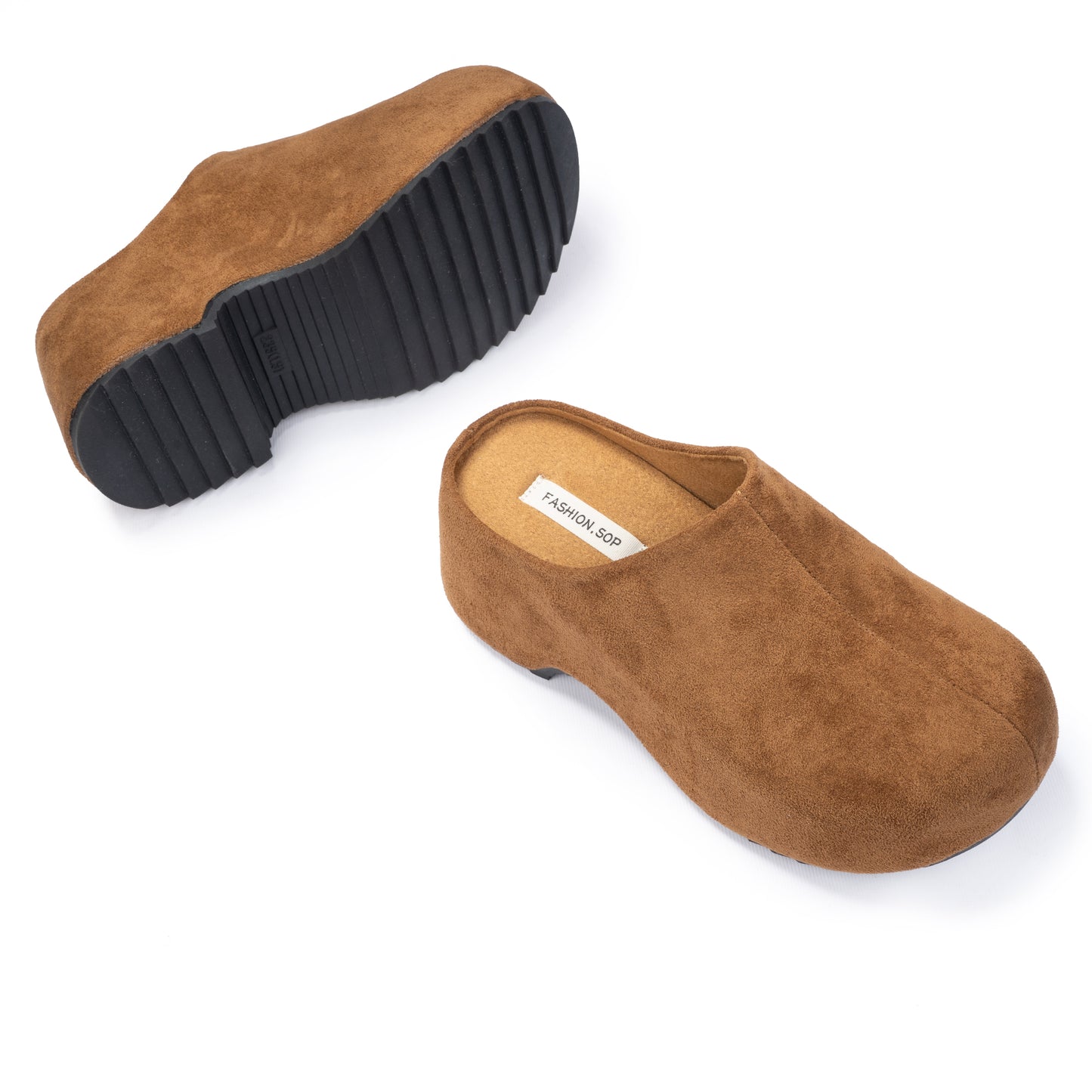 Camel Suede Buckle Clogs