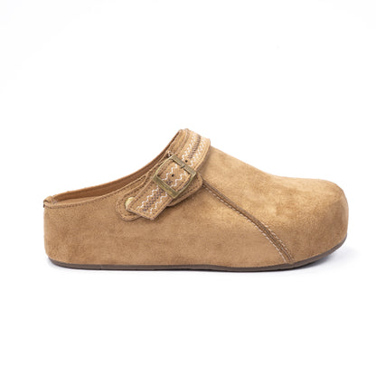 Camel Suede Clog with Stitched Strap