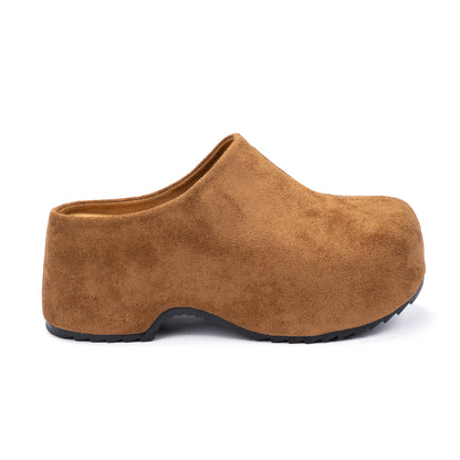 Camel Suede Buckle Clogs