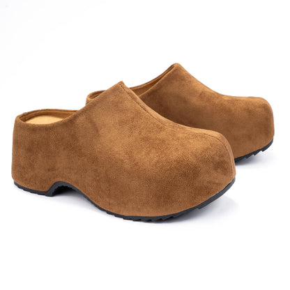 Camel Suede Buckle Clogs