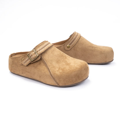 Camel Suede Clog with Stitched Strap