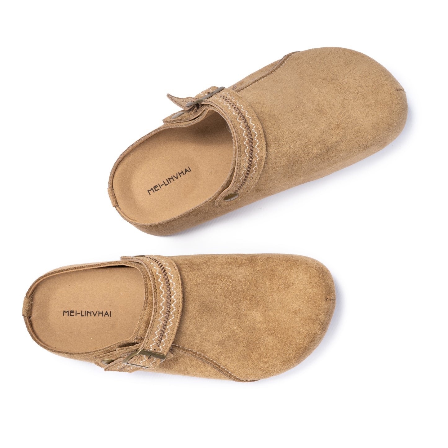 Camel Suede Clog with Stitched Strap