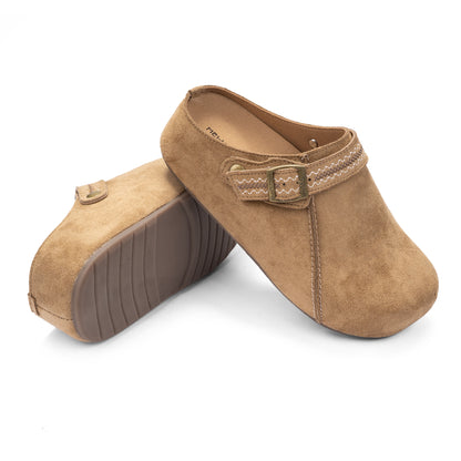 Camel Suede Clog with Stitched Strap