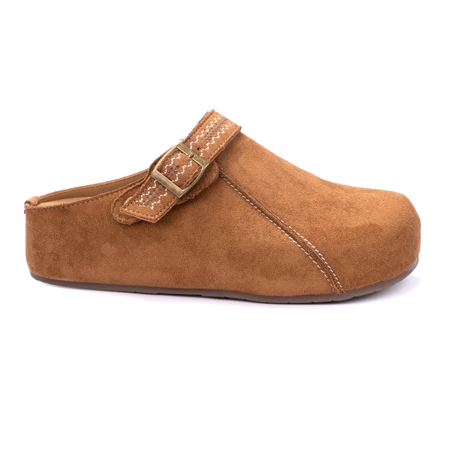 Camel Suede Clog with Stitched Strap