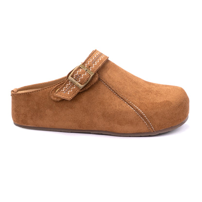 Camel Suede Clog with Stitched Strap