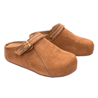 Camel Suede Clog with Stitched Strap