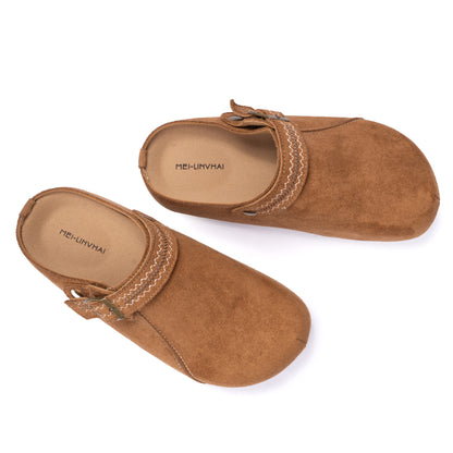 Camel Suede Clog with Stitched Strap