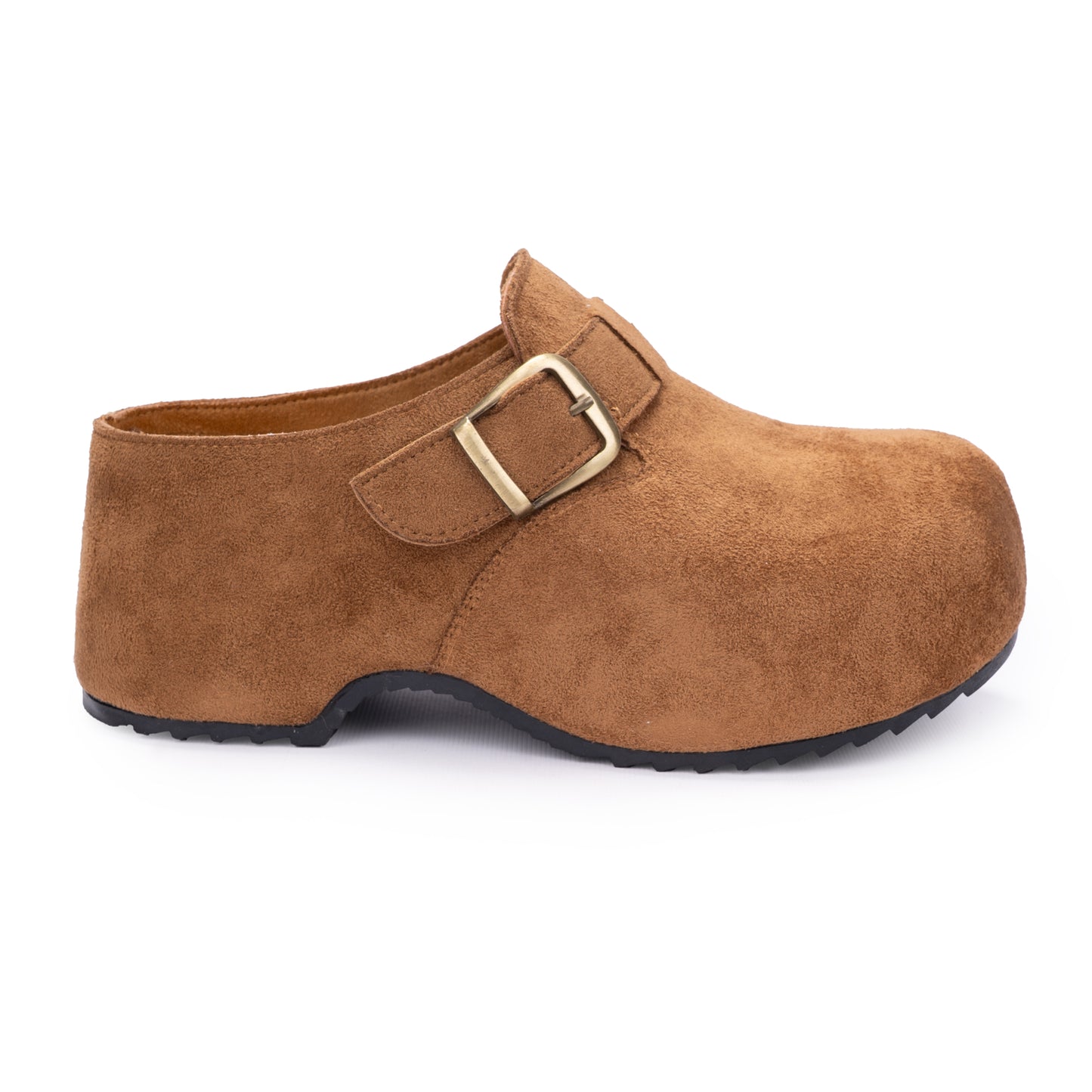 Camel Suede Buckle Clogs