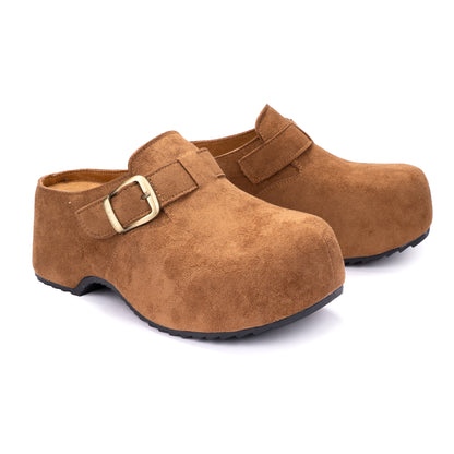 Camel Suede Buckle Clogs