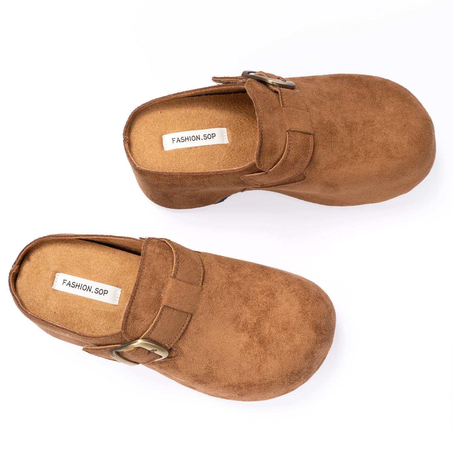 Camel Suede Buckle Clogs