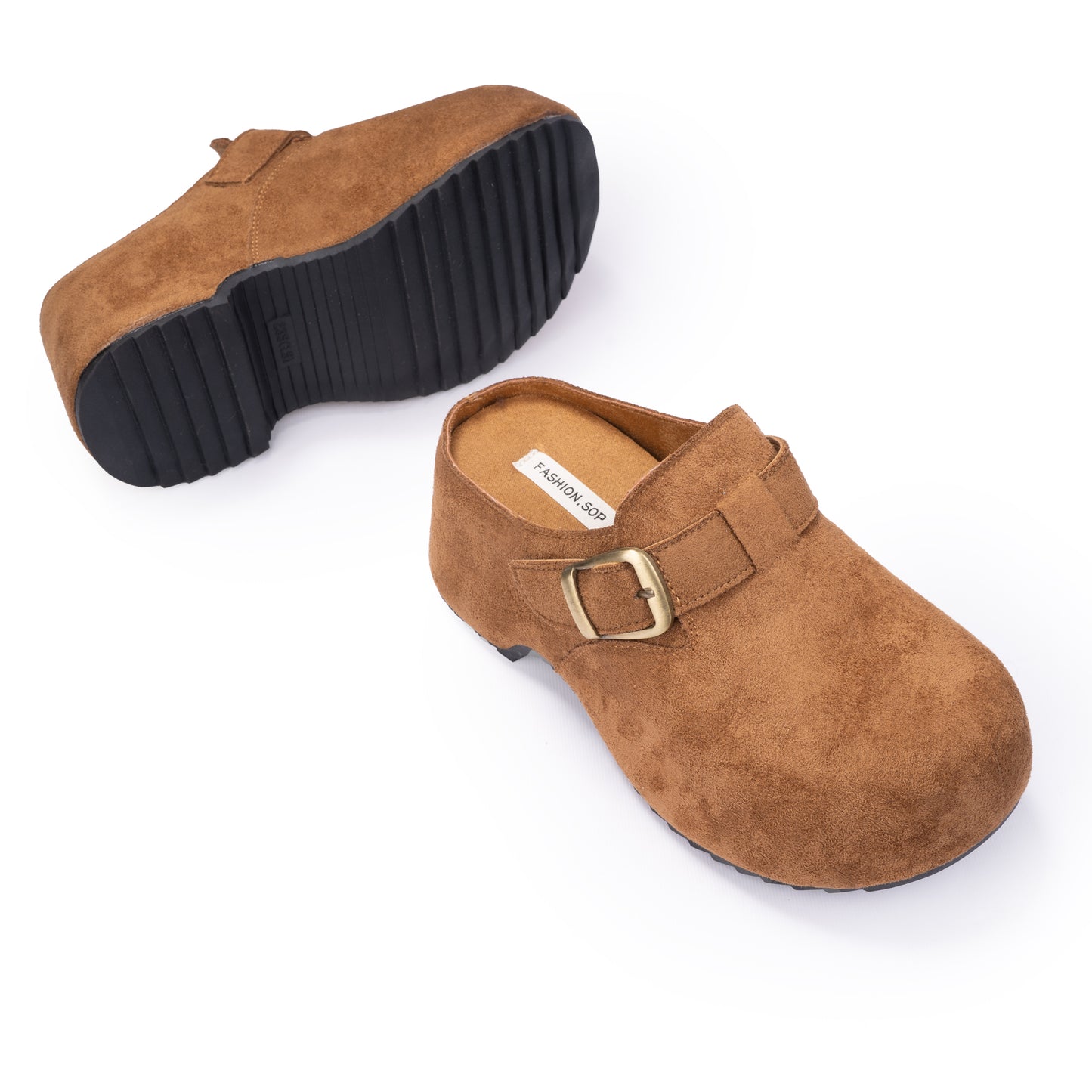 Camel Suede Buckle Clogs